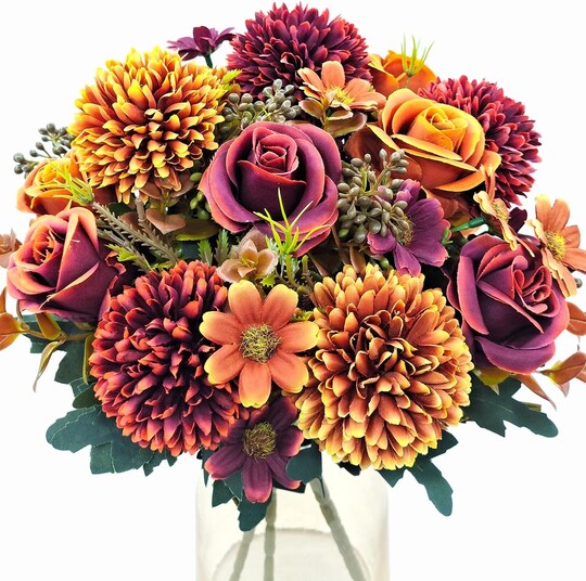 Citrus; 3 Pcs Artificial Fall Flowers Bouquet – Silk Chrysanthemum Rose Daisy Fake Mums Arrangement, Faux Autumn Floral Decor for Home, Porch, Wedding, Party, Table Centerpieces Indoor & Outdoor Use; Category:Bundles & Bouquets; Image:1